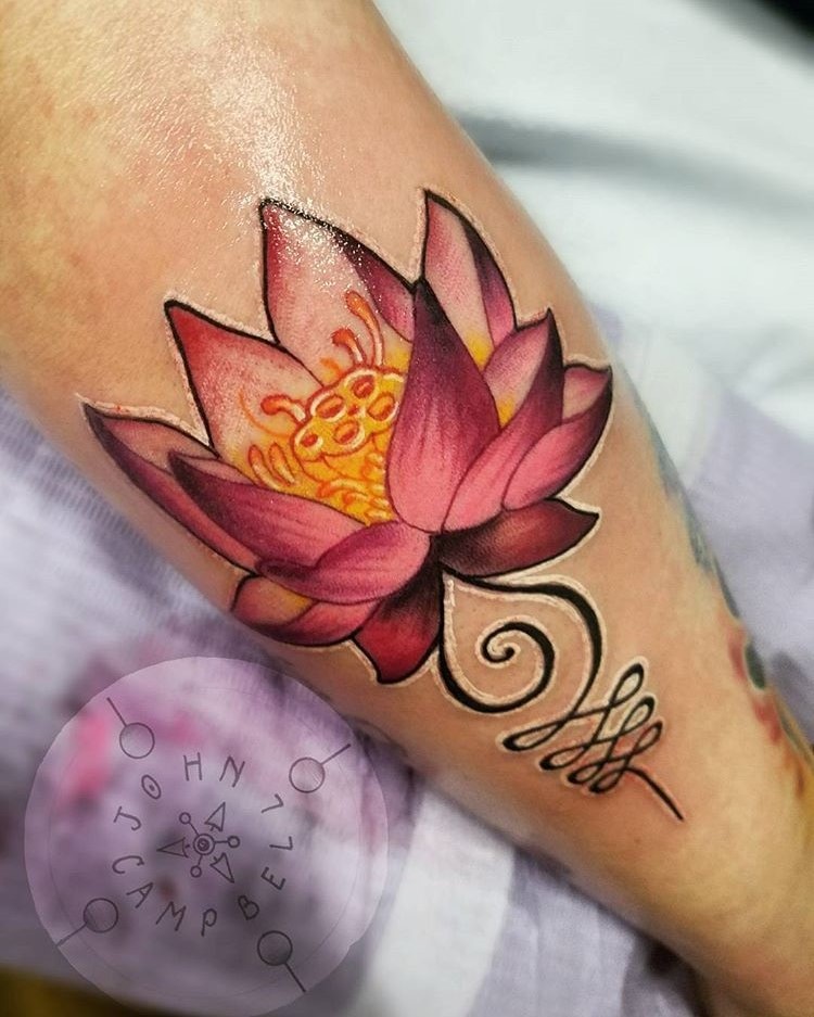 Lotus Bloom Color Tattoo by John Campbell. Book in with John at Sacred Mandala Studio in Durham for your next custom tattoo.